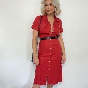 Tomato Red Vintage Linen Button Down Midi Shirt Dress